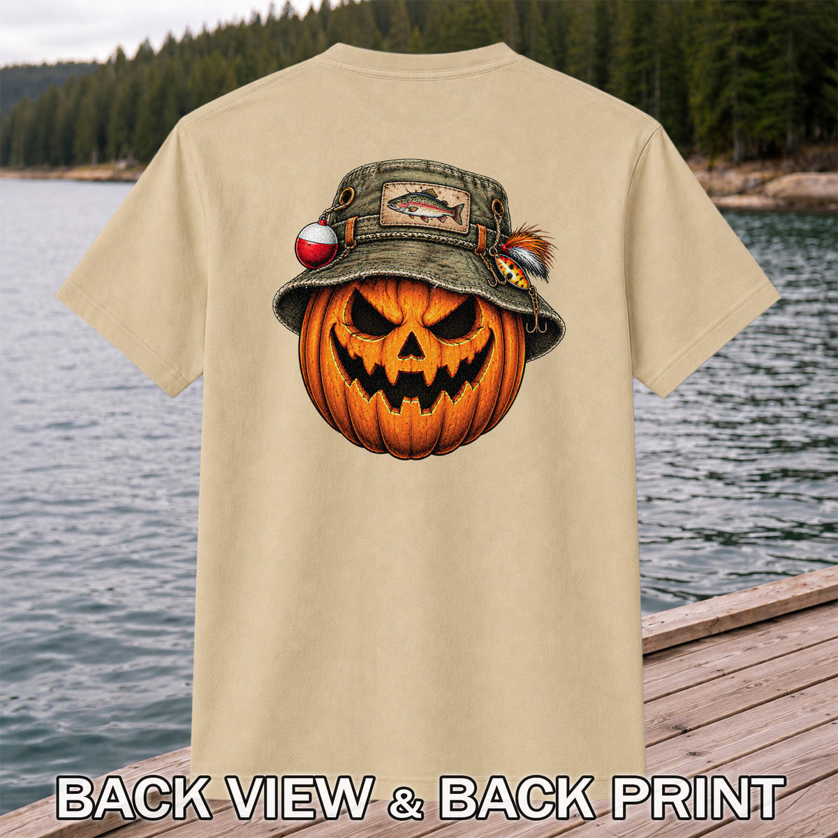 Halloween Pumpkin in a Trout Fishing Hat Graphic T-Shirt | Back Print