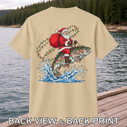 Santa Riding a Christmas-Lighted Rainbow Trout Fishing Graphic T-Shirt | Back Print