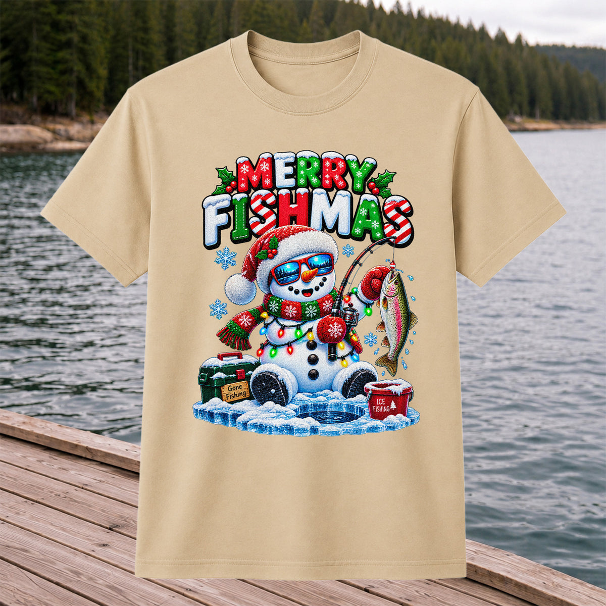 Merry Fishmas Gone Fishing Snowman and Rainbow Trout Ice Fishing Christmas T-Shirt