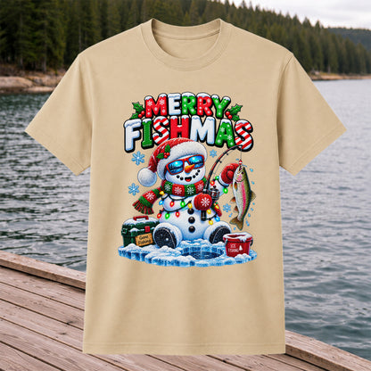 Merry Fishmas Gone Fishing Snowman and Rainbow Trout Ice Fishing Christmas T-Shirt