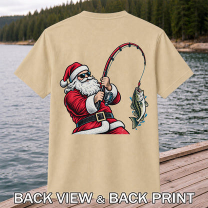 Santa Claus Catching a Bass Christmas Fishing Graphic T-Shirt | Back Print