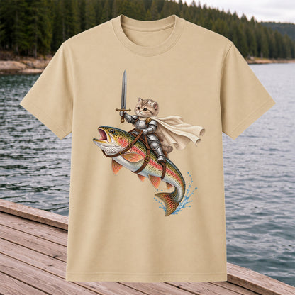 Cat Knight Riding a Rainbow Trout Fishing Graphic T-Shirt
