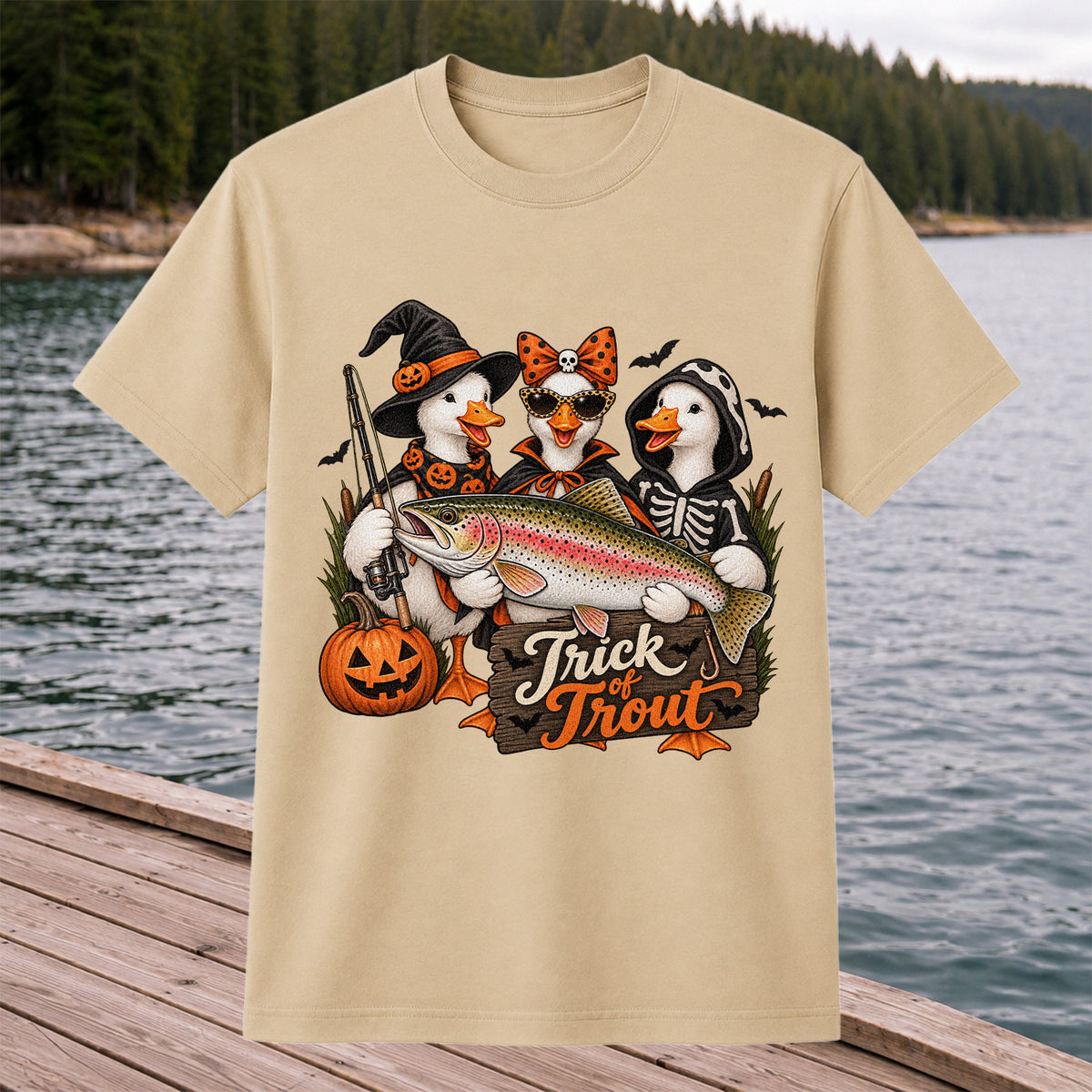 Trick of Trout Halloween Ducks with Rainbow Trout Fishing T-Shirt