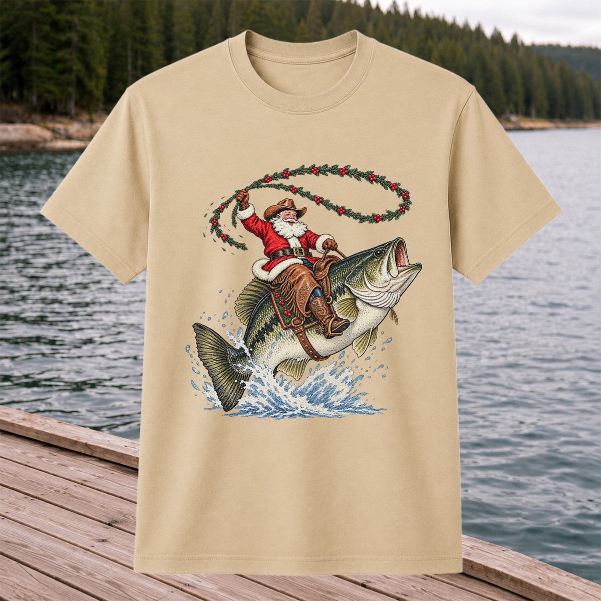 Cowboy Santa Riding a Jumping Bass Christmas Fishing Graphic T-Shirt