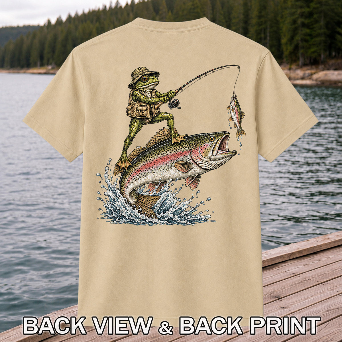 Frog Angler Riding a Rainbow Trout Fishing Graphic T-Shirt | Back Print