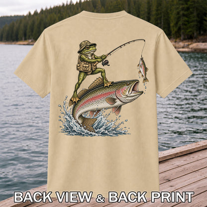 Frog Angler Riding a Rainbow Trout Fishing Graphic T-Shirt | Back Print