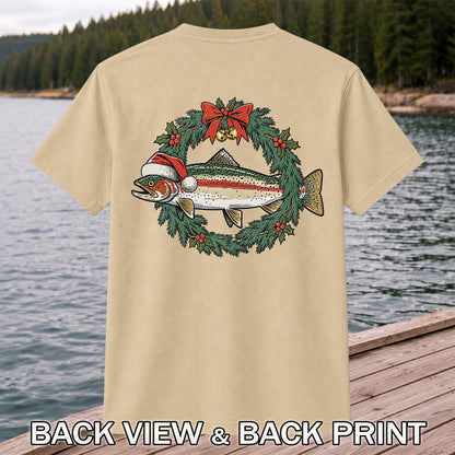 Christmas Trout Wreath Fishing Graphic T-Shirt | Back Print