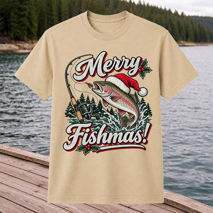 Merry Fishmas Rainbow Trout in Santa Hat Christmas Fishing T-Shirt, Trout Fishing