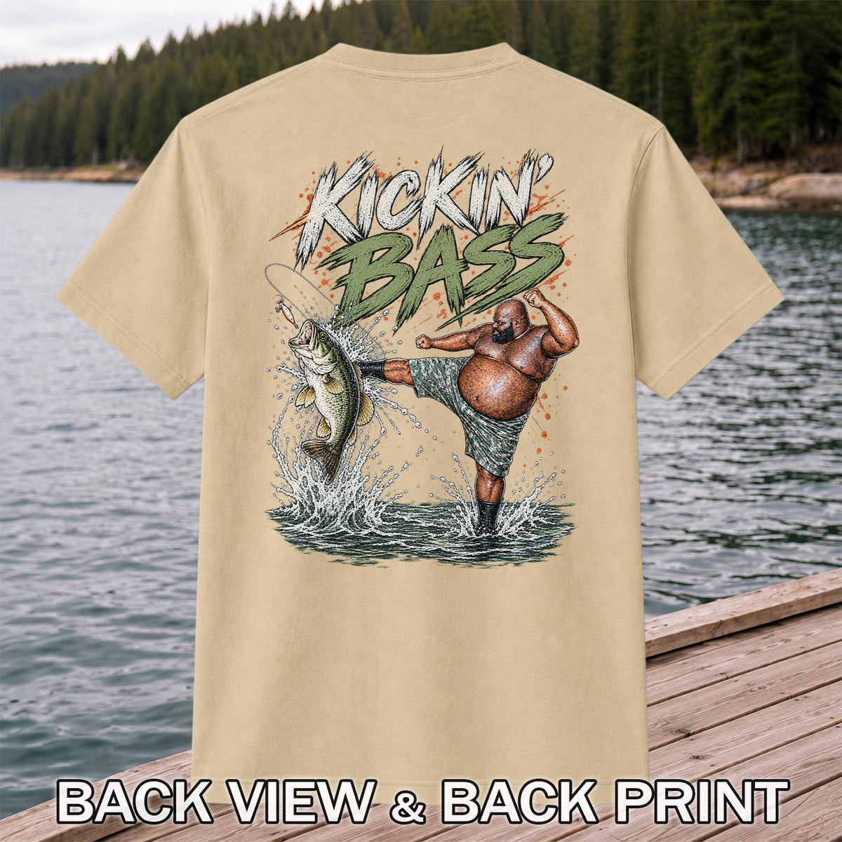 Kickin' Bass Funny Bass Fishing Graphic T-Shirt | Back Print
