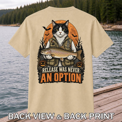 Release Was Never an Option Cat Holding Brown Trout Halloween Fishing T-Shirt | Back Print
