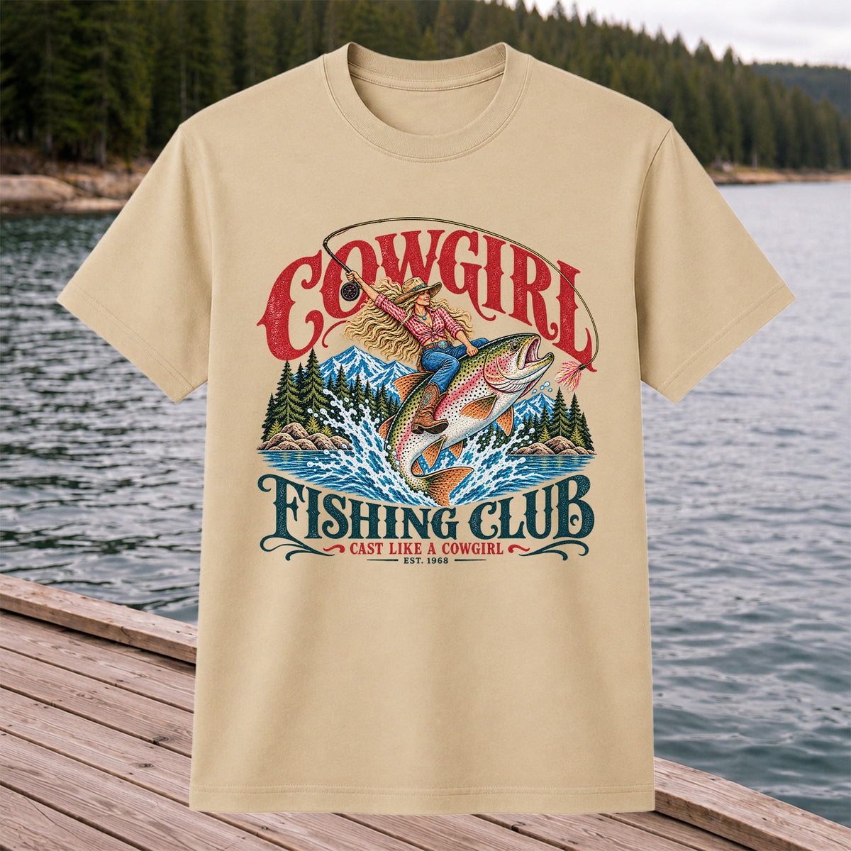 Cowgirl Riding Trout Fishing Club Graphic T-Shirt