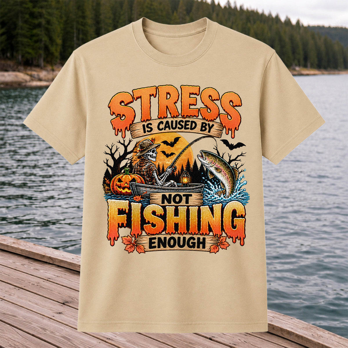 Stress Is Caused by Not Fishing Enough Skeleton Halloween Trout T-Shirt