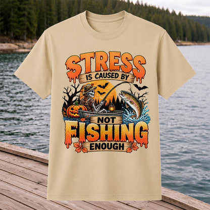 Stress Is Caused by Not Fishing Enough Skeleton Halloween Trout T-Shirt