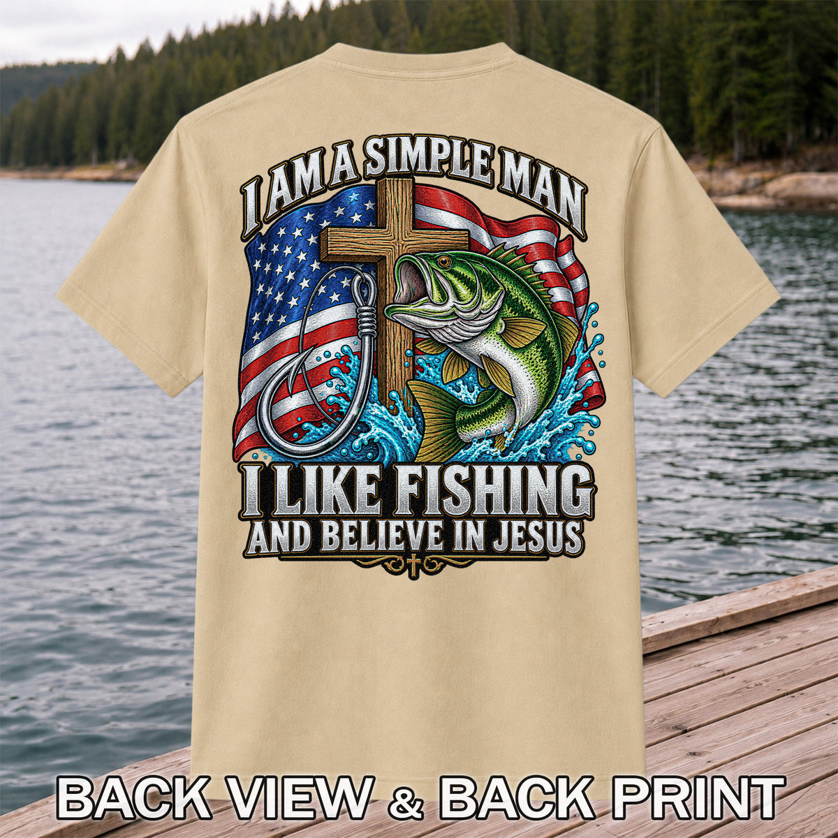 American Flag Bass Fishing Faith Patriotic Graphic T-Shirt | Back Print