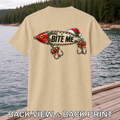 Bite Me Christmas Fishing Lure Funny Graphic T-Shirt | Back Print