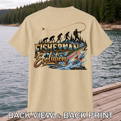 Fisherman Evolution Rainbow Trout Fly Fishing Graphic T-Shirt | Back Print