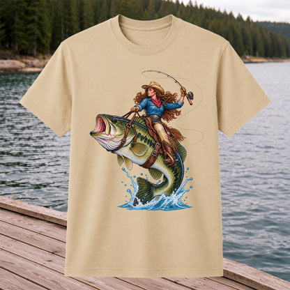 Cowgirl Riding a Largemouth Bass Fishing Graphic T-Shirt