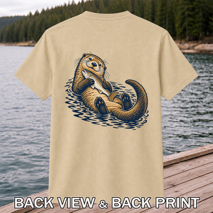 Cute Otter Holding Fish Hand Drawn Fishing Graphic T-Shirt | Back Print