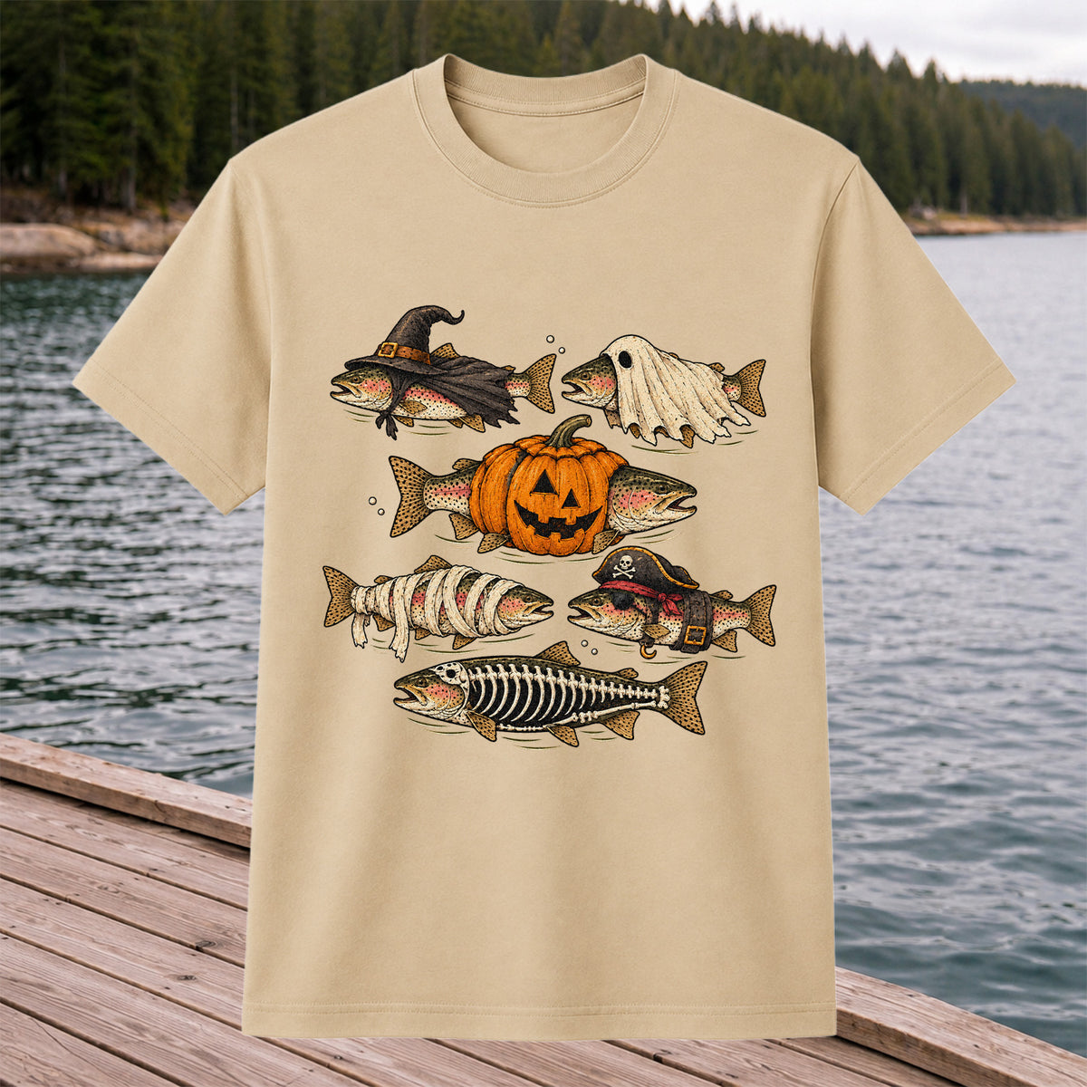 Rainbow Trout Halloween Costumes Witch Ghost Pumpkin Mummy Pirate Skeleton Fishing T-Shirt