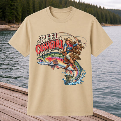 Reel Cowgirl Riding a Rainbow Trout Fly Fishing T-Shirt