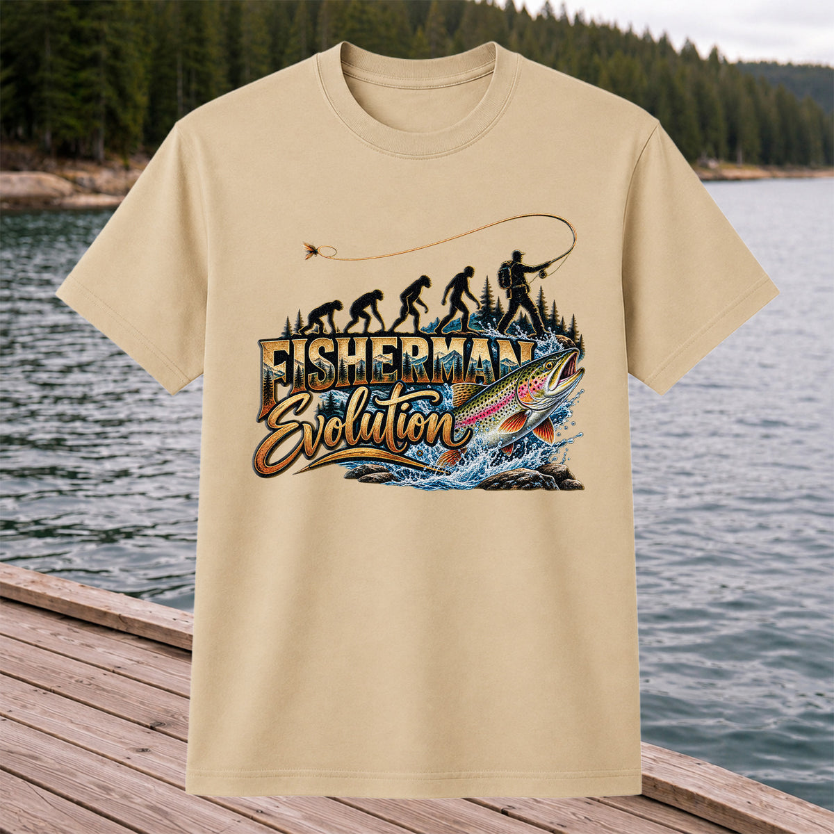 Fisherman Evolution Rainbow Trout Fly Fishing Graphic T-Shirt