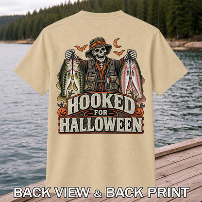 Hooked for Halloween Skeleton Angler with Bass and Trout Fishing T-Shirt | Back Print