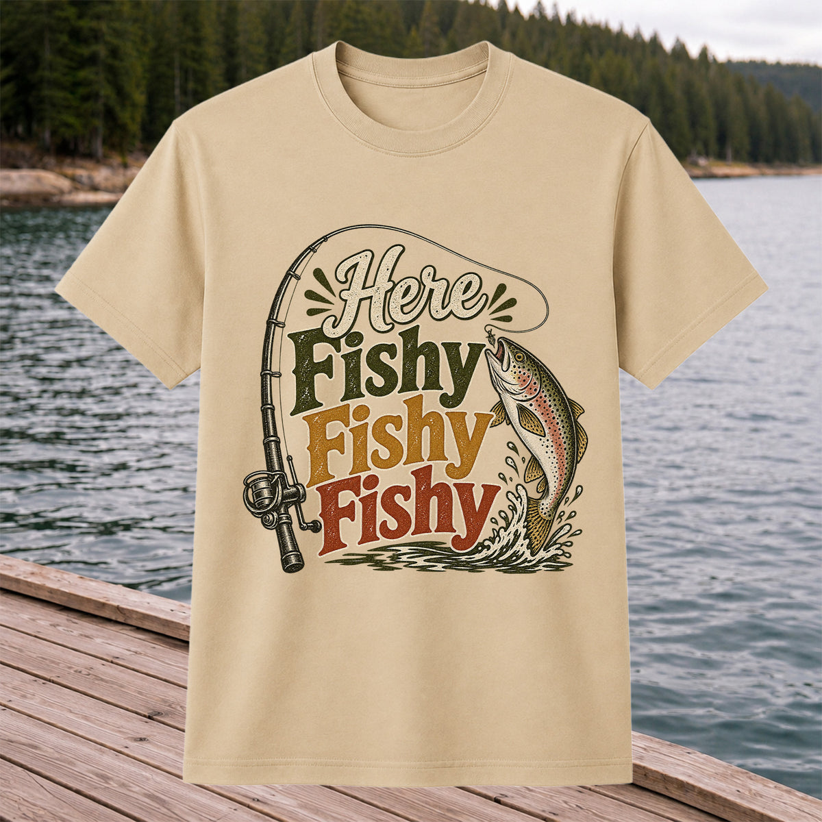 Here Fishy Fishy Fishy Rainbow Trout and Fishing Rod Retro T-Shirt