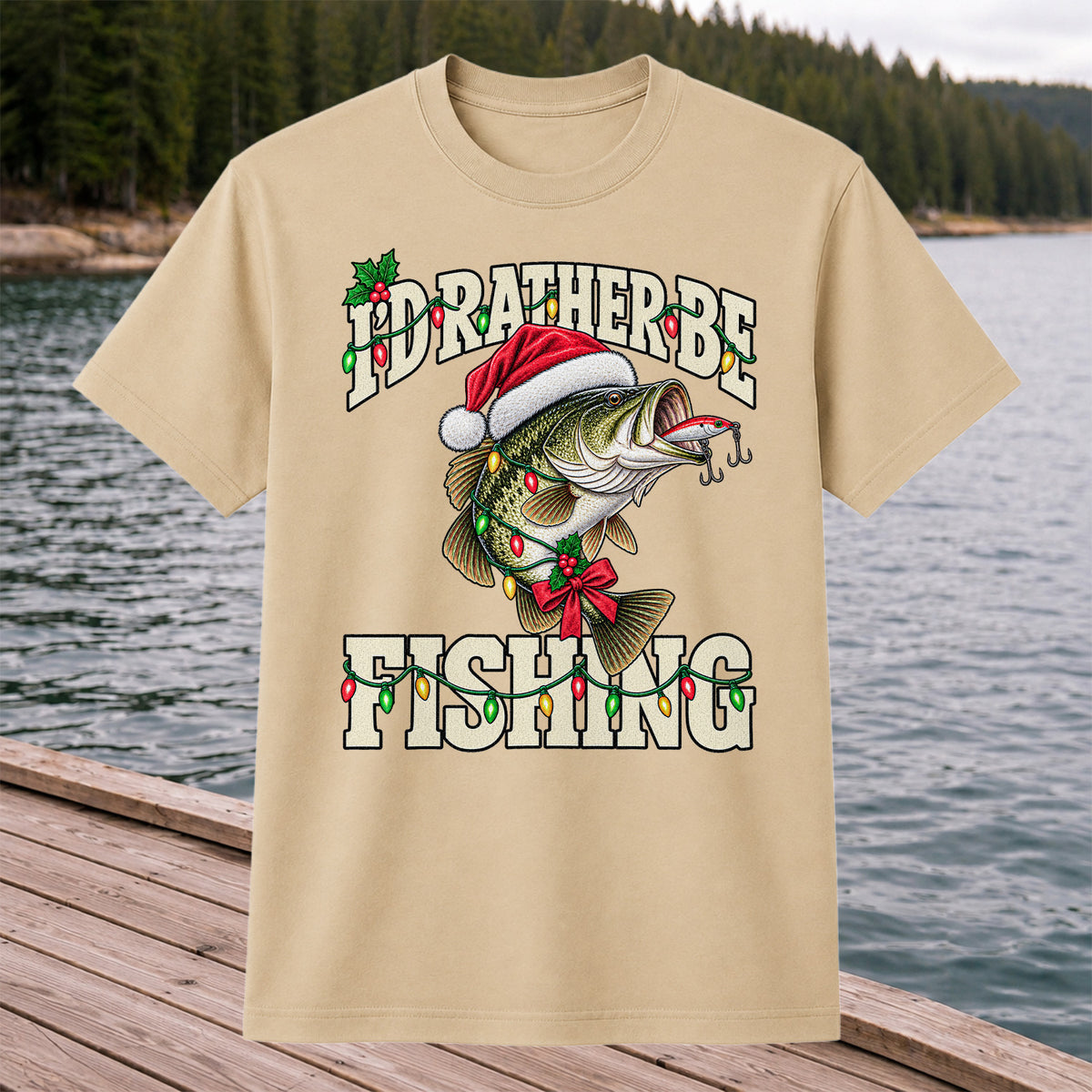 Santa Hat Bass Christmas Fishing Graphic T-Shirt