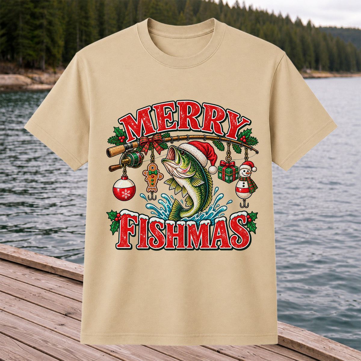 Merry Fishmas Santa Bass Christmas Fishing Graphic T-Shirt