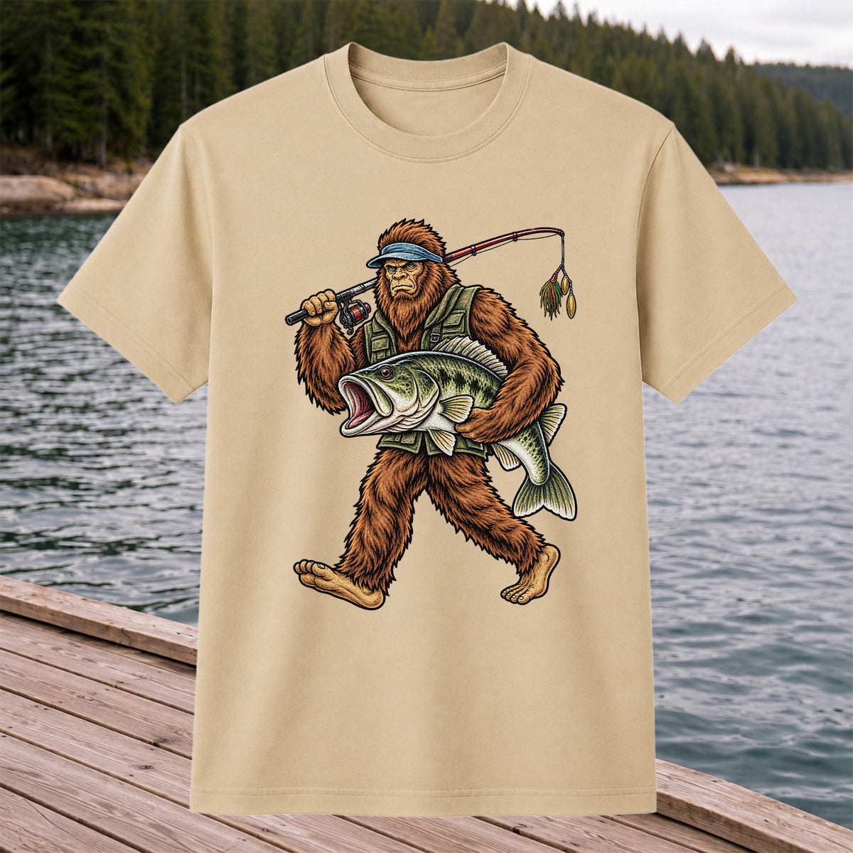Bigfoot Holding a Largemouth Bass Fishing Graphic T-Shirt