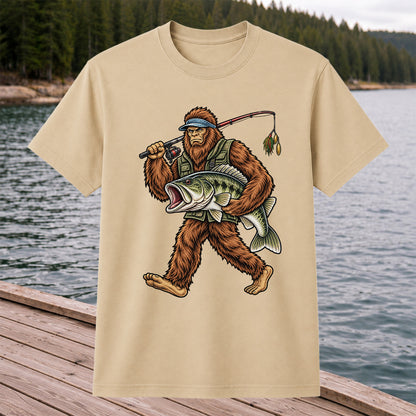 Bigfoot Holding a Largemouth Bass Fishing Graphic T-Shirt