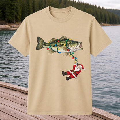 Santa Hanging from Christmas Lights on Bass Fishing Graphic T-Shirt