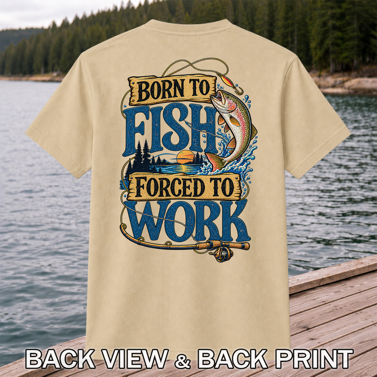 Rainbow Trout Lake Sunset Fishing Graphic T-Shirt | Back Print
