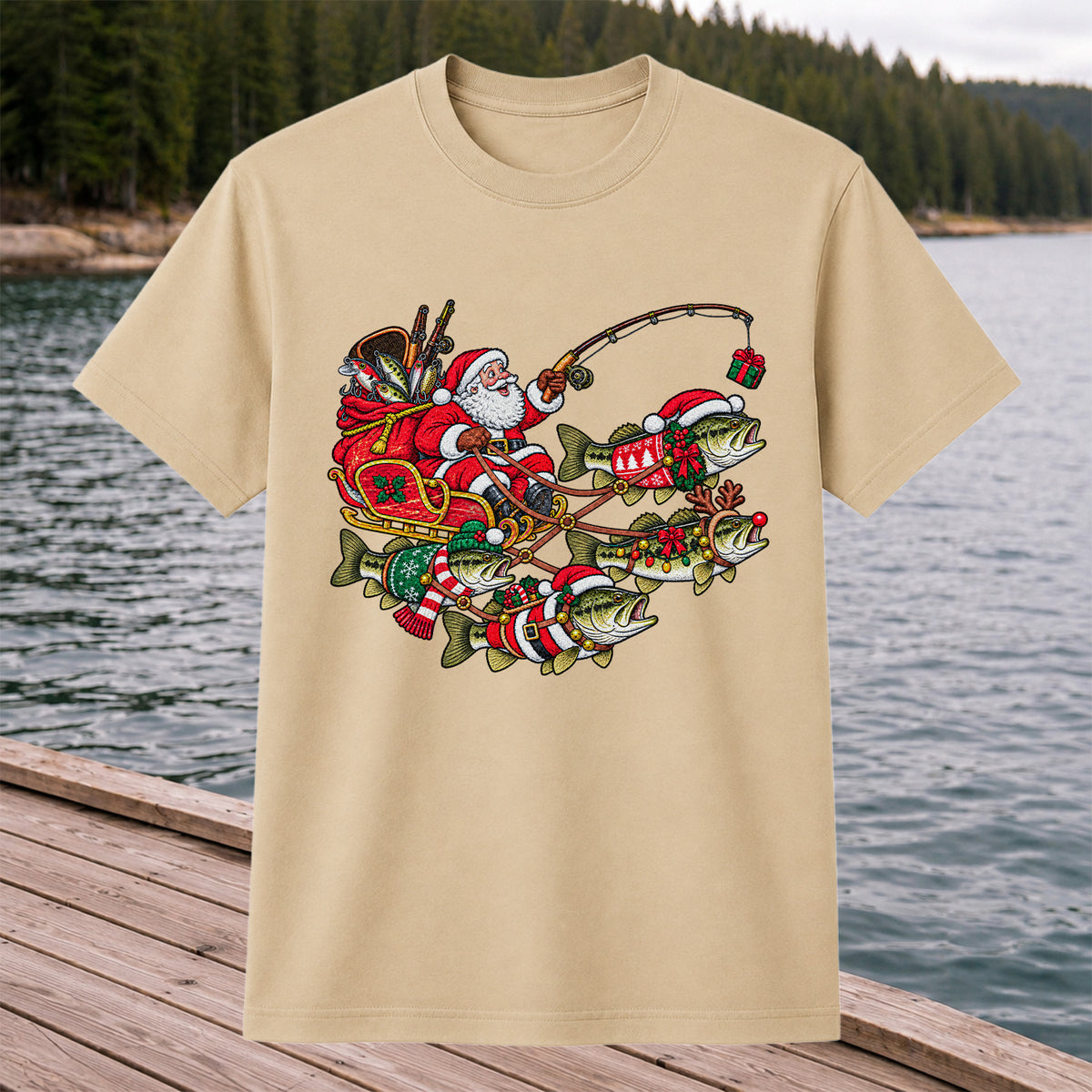 Santa Pulling Festive Bass Fishing Graphic T-Shirt
