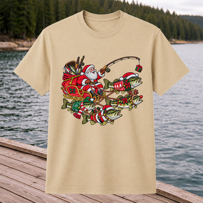 Santa Pulling Festive Bass Fishing Graphic T-Shirt