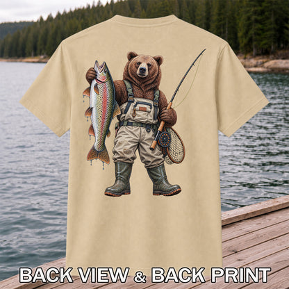 Bear Fishing with Rainbow Trout Outdoor Graphic T-Shirt | Back Print