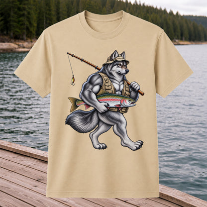 Wolf Angler Holding Rainbow Trout Fishing Graphic T-Shirt