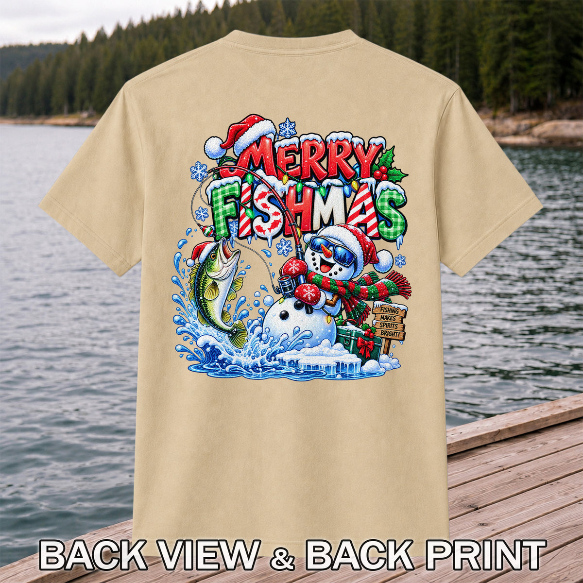 Merry Fishmas Christmas Fishing Graphic T-Shirt | Back Print