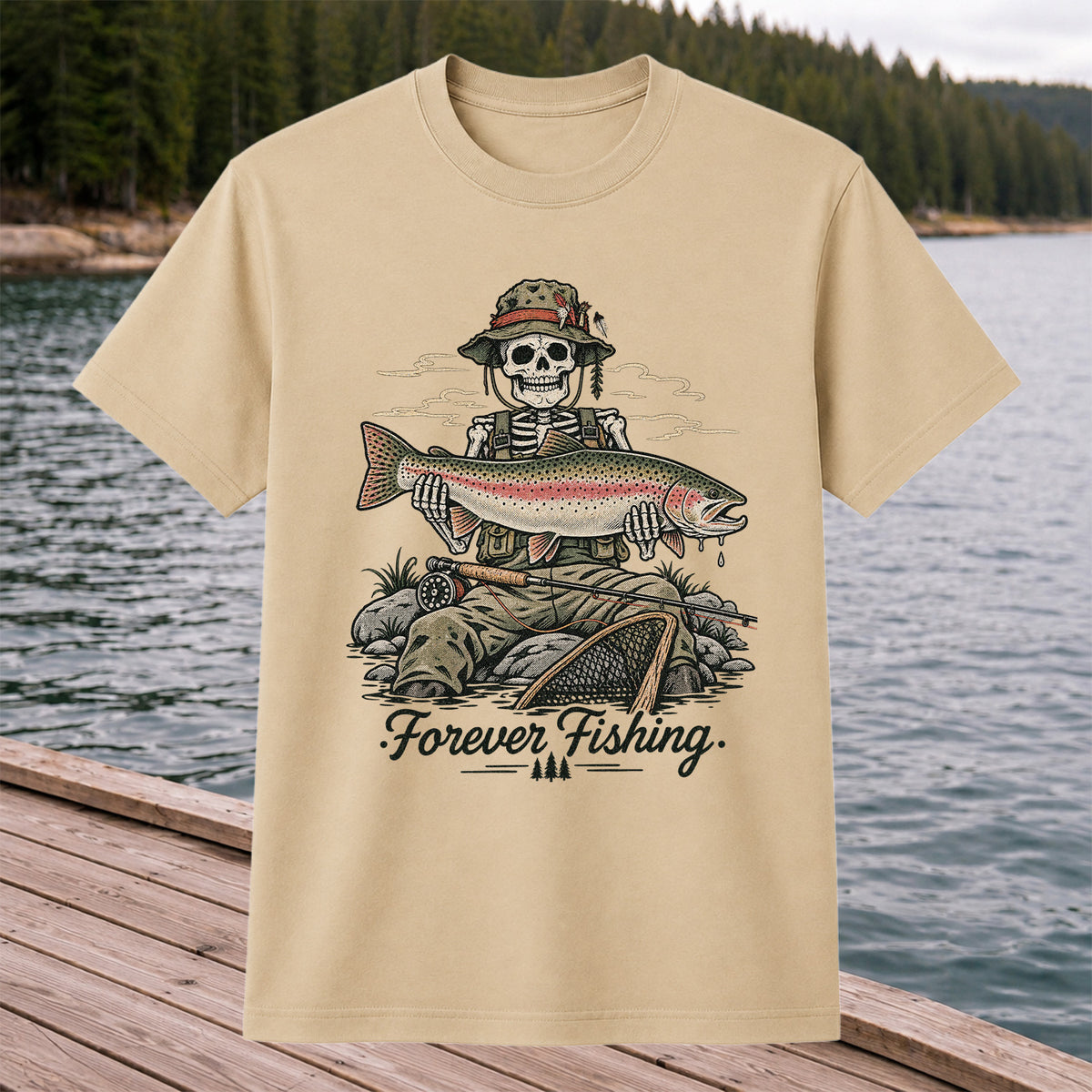 Forever Fishing Skeleton Holding Rainbow Trout Graphic T-Shirt