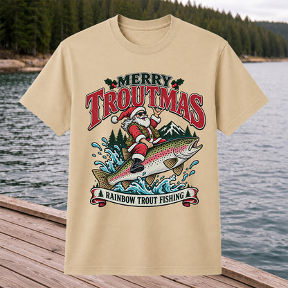 Merry Troutmas Santa Riding a Rainbow Trout Christmas Fishing T-Shirt