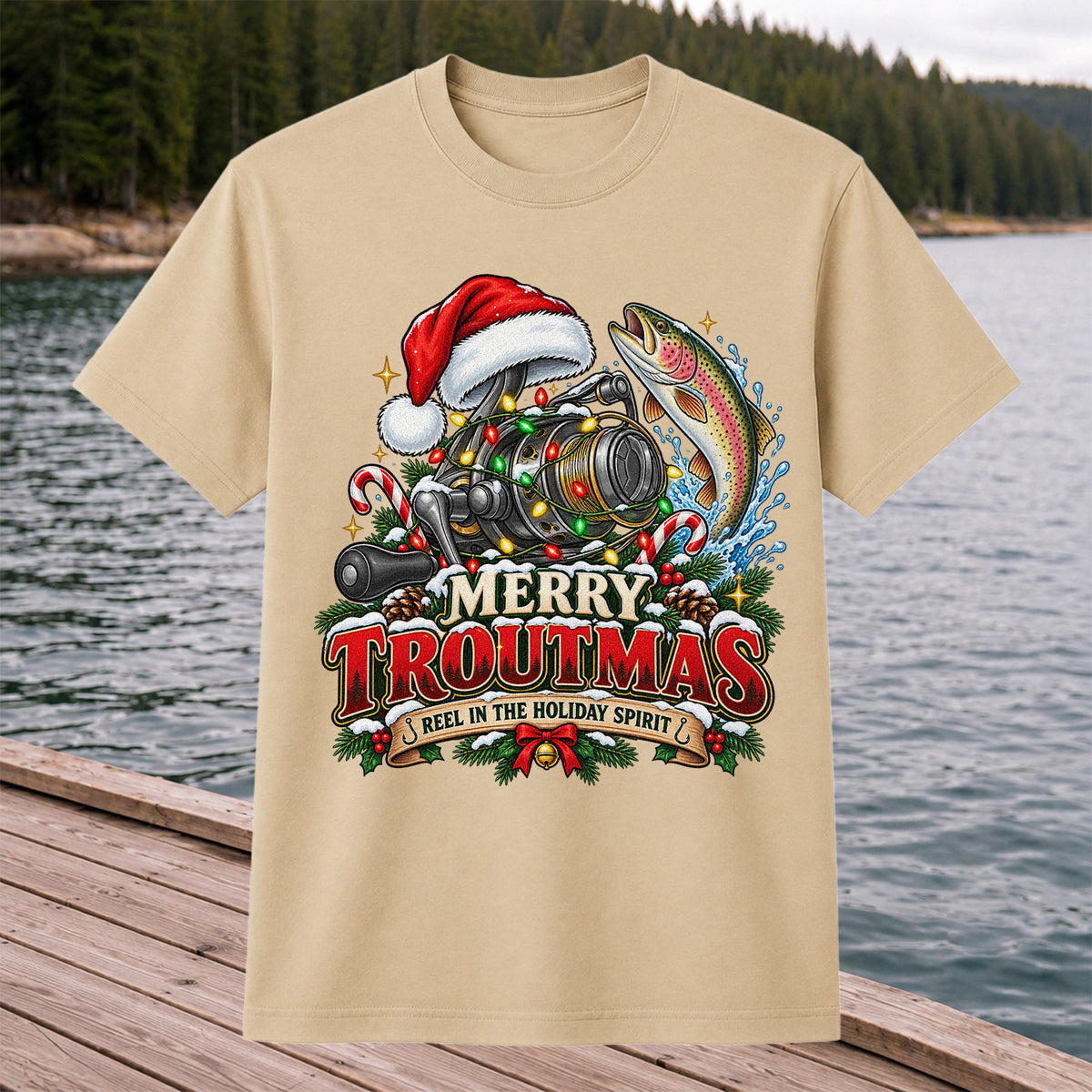 Merry Troutmas Reel in the Holiday Spirit Rainbow Trout and Fishing Reel T-Shirt