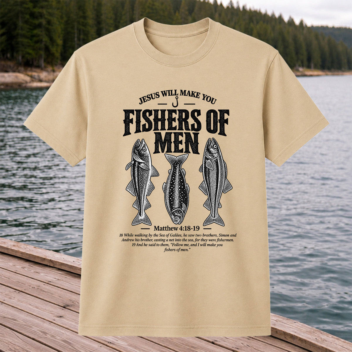 Jesus Will Make You Fishers of Men Matthew 4:18-19 Vintage Fish Graphic T-Shirt