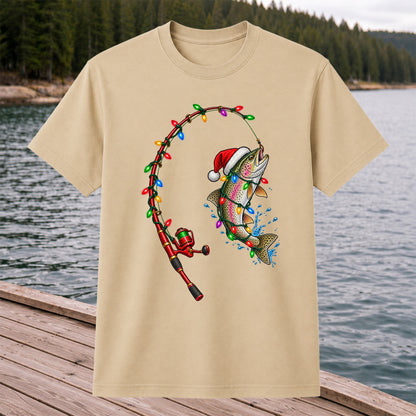 Christmas Rainbow Trout with Santa Hat and Lights Fishing T-Shirt