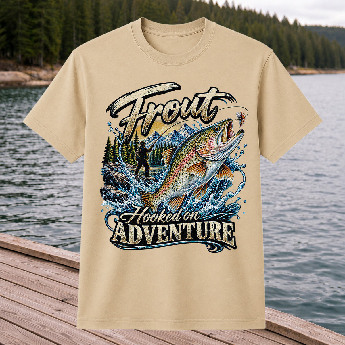 Trout Hooked on Adventure Mountain Fly Fishing T-Shirt