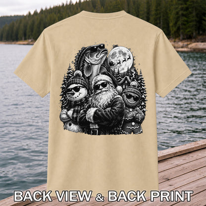 Santa Snowman Gingerbread and Bass Christmas Fishing T-Shirt | Back Print
