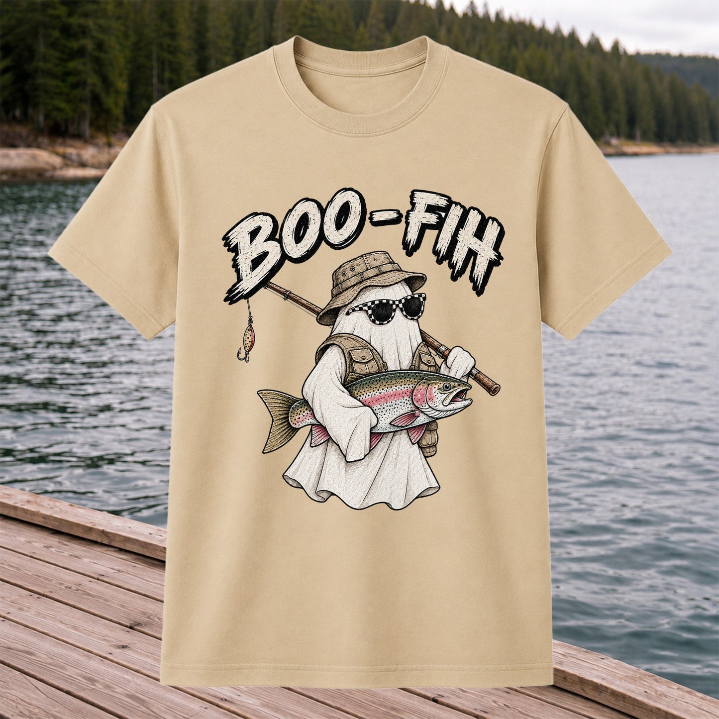 Boo-Fish Ghost Holding Rainbow Trout Fishing Graphic T-Shirt
