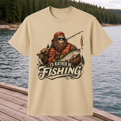 Bigfoot Holding Trout Funny Fishing Graphic T-Shirt
