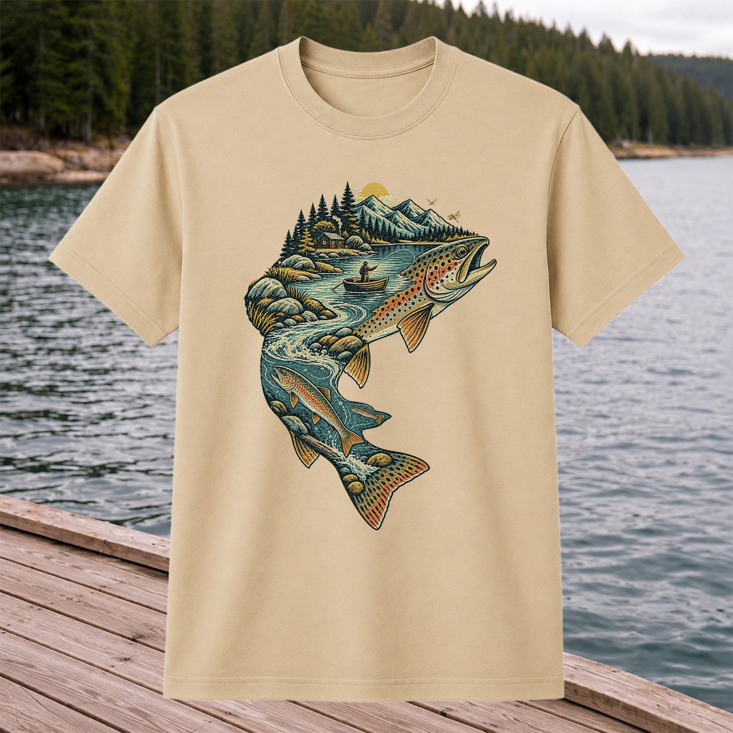Vintage Brown Trout Mountain River Fly Fishing Graphic T-Shirt