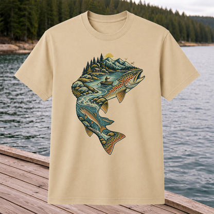 Vintage Brown Trout Mountain River Fly Fishing Graphic T-Shirt