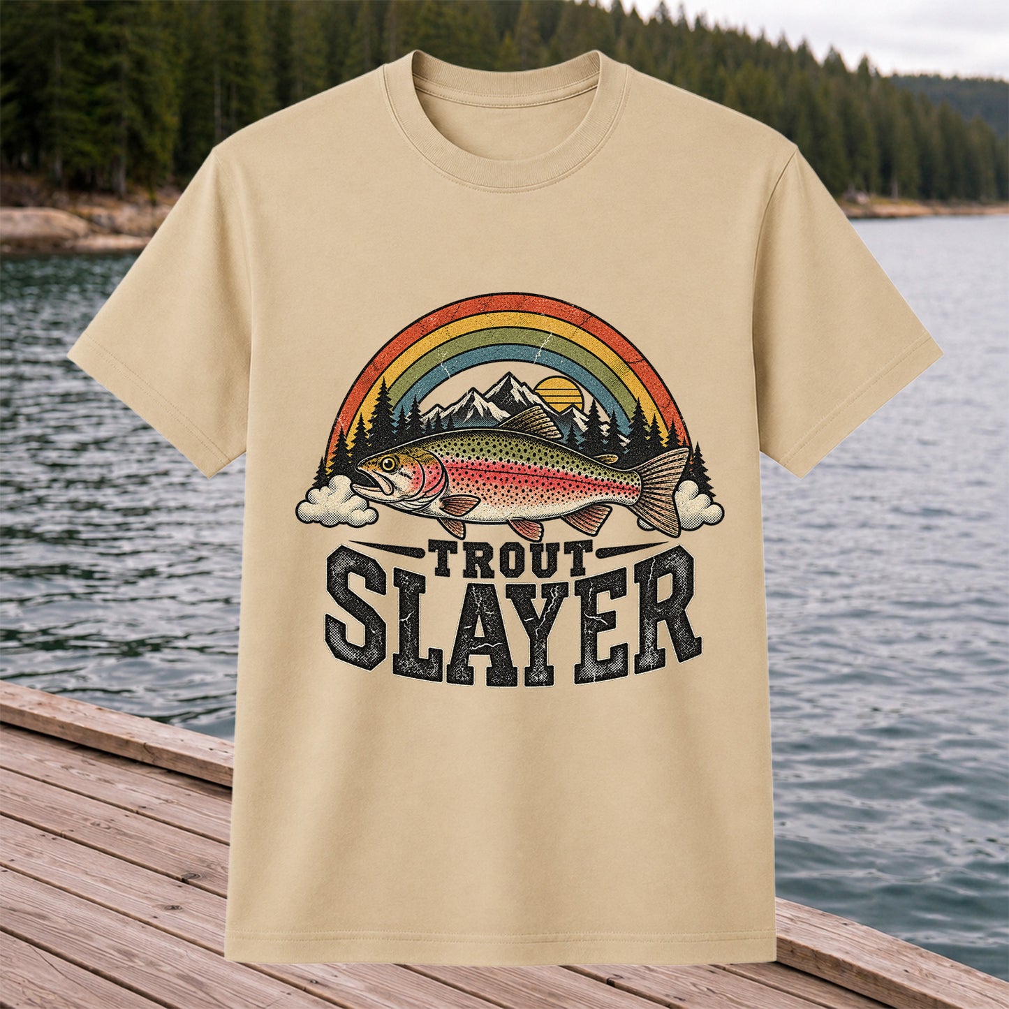 Trout Slayer Rainbow Trout Mountain Sunset Fishing T-Shirt